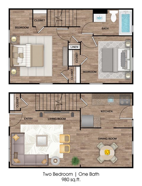 two floor plans of two bedrooms one bath and a living room